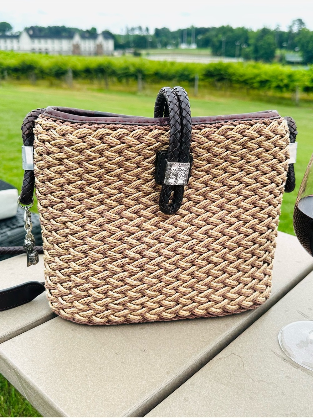 Brighton Woven Straw / Jute Crossbody Bag with Dark Brown Genuine Leather